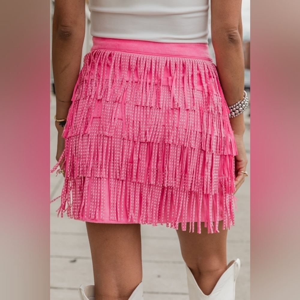 Born To Fly Pink Studded Fringe Skirt - Picture 3 of 11